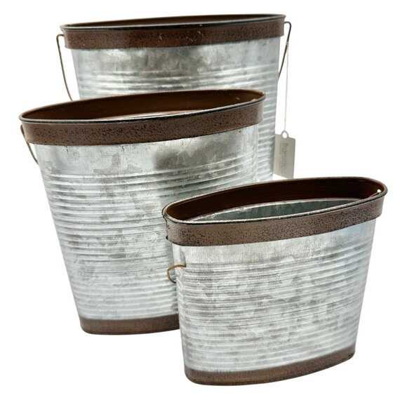 Transpac Galvanized Metal Containers Trio Rustic Oval Design Storage Buckets - Picture 2 of 12